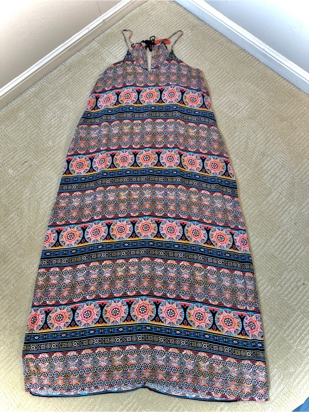 Boho Printed Maxi Dress in Coral & Navy with pockets
